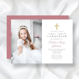 Convites Primeira Comunhão de Fotos de Rapariga Rosa Elegan