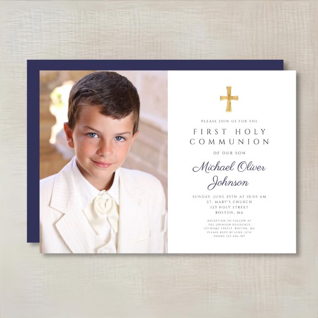 Convites Primeira Comunhão de Fotos do Marinho Azul Cruz (Elegant Navy Blue Cross Photo Boy First Communion Invitation)