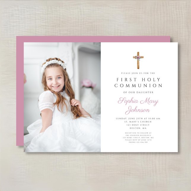 Convites Primeira Comunhão de Fotos Fotografa Cruzada Flora (Cute Pink Floral Cross Photo Girl First Communion Invitation)