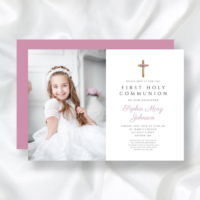 Convites Primeira Comunhão de Fotos Fotografa Cruzada Flora (Cute Pink Floral Cross Photo Girl First Communion Invitation)