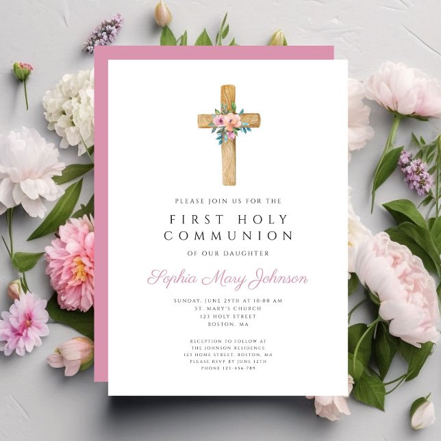 Convites Primeira Comunhão de Garota Floral (Cute Floral Cross Girl First Communion Invitation)
