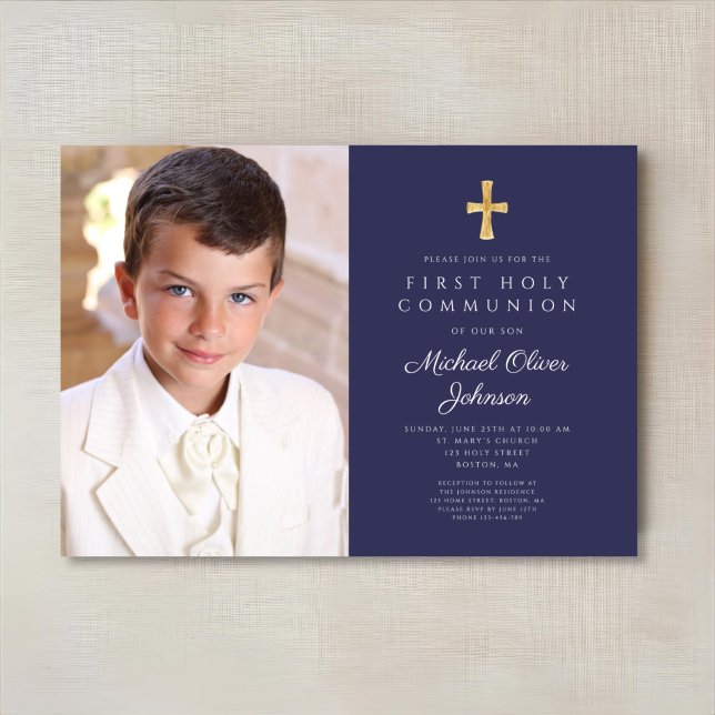 Convites Primeira Comunhão de Marinho Azul de Foto (Elegant Navy Blue Photo Boy First Communion Invitation)