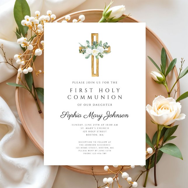 Convites Primeira Comunhão de Menina Cruz Floral Elegante (Elegant Floral Peonies Girl First Communion Invitation)