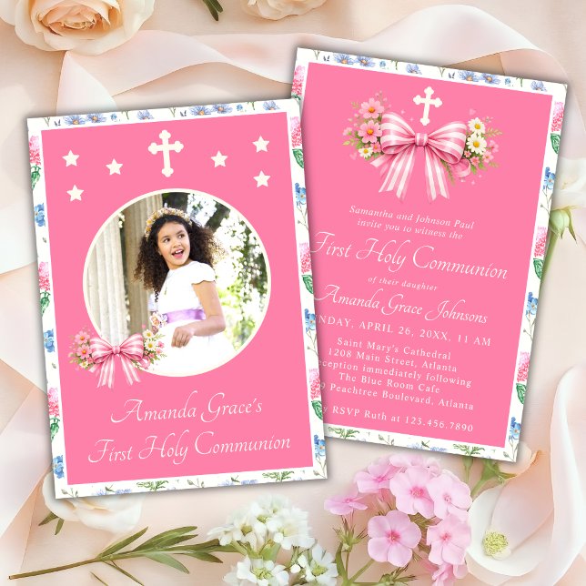 Convites Primeira Comunhão de Menina Laço Rosa de Flor Silv (Criador carregado)