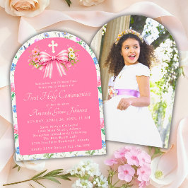 Convites Primeira Comunhão de Menina Laço Rosa de Flor Silv