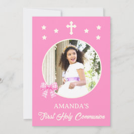 Convites Primeira Comunhão de Menina Laço Rosa Xadrez Foto