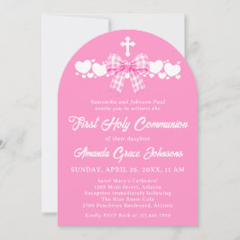 Convites Primeira Comunhão de Menina Laço Xadrez Rosa Foto