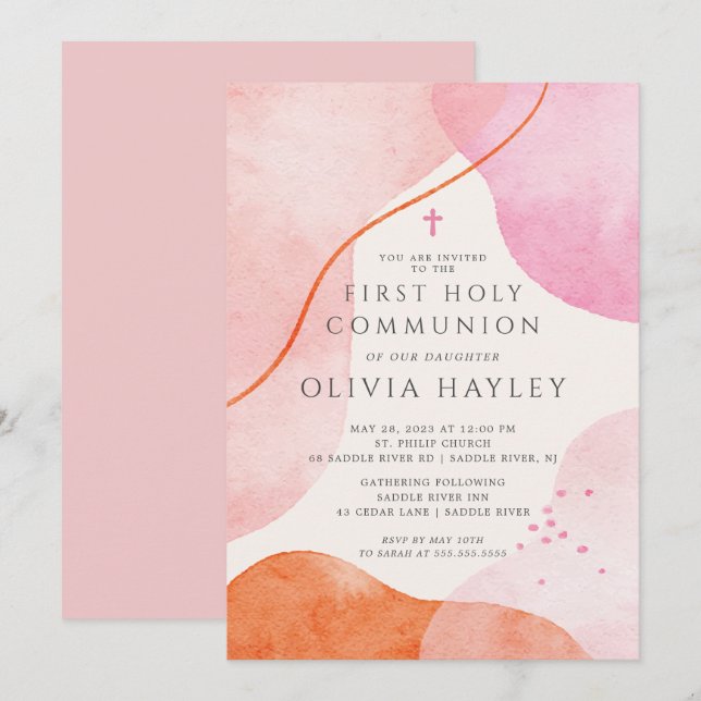 Convites Primeira Comunhão de Meninas Rosa Modernas (Frente/Verso)