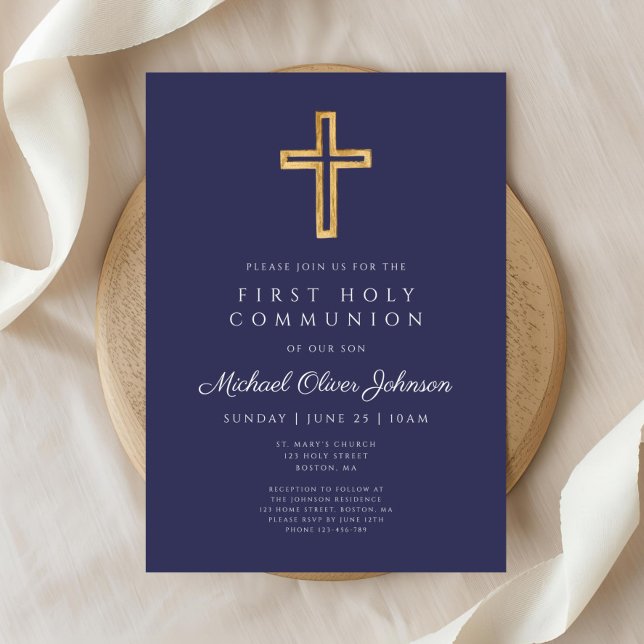 Convites Primeira Comunhão de Meninos Religiosos Azuis Mari (Modern Navy Blue Religious Boy First Communion Invitation)