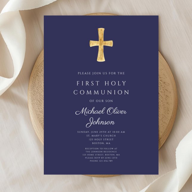 Convites Primeira Comunhão de Meninos Religiosos Azuis Mari (Modern Navy Blue Religious Boy First Communion Invitation)