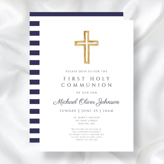 Convites Primeira Comunhão de Meninos Religiosos Azuis Mari (Modern Navy Blue Religious Boy First Communion Invitation)