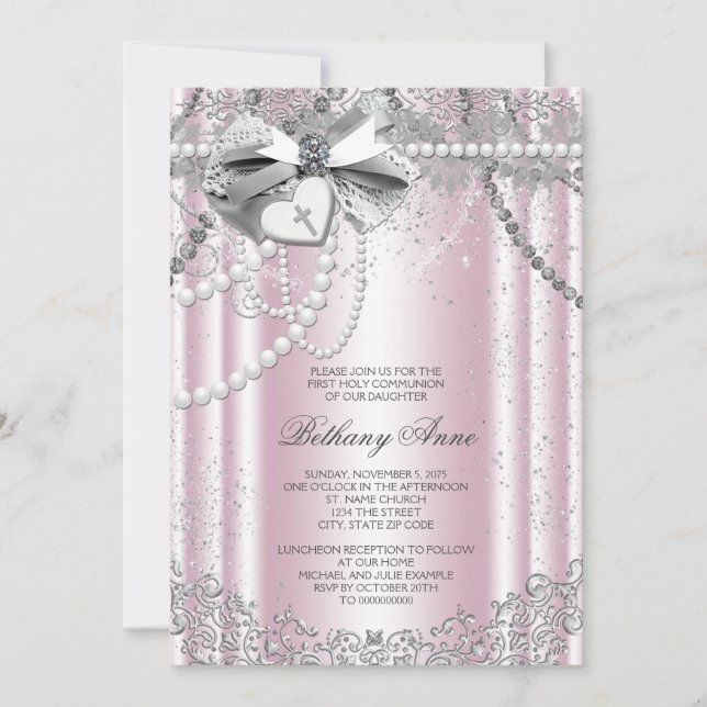 Convites Primeira Comunhão de Pérola Rosa e Cinza (Frente)
