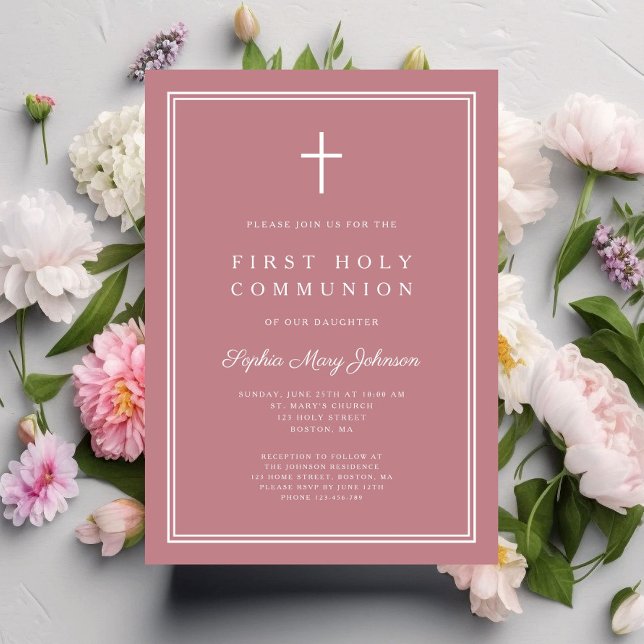 Convites Primeira Comunhão de Rapariga Religiosa Rosa Moder (Modern Pink Religious Cross Girl First Communion Invitation)