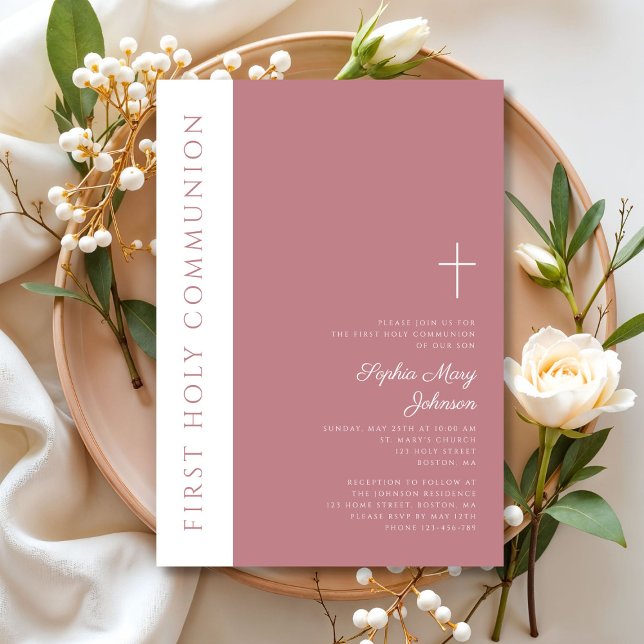 Convites Primeira Comunhão de Rapariga Religiosa Rosa Moder (Modern Pink Religious Cross Girl First Communion Invitation)