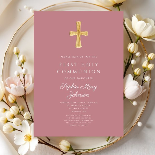Convites Primeira Comunhão de Rapariga Religiosa Rosa Moder (Modern Pink Religious Cross Girl First Communion Invitation)