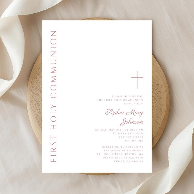 Convites Primeira Comunhão de Rapariga Rosa Elegante Modern (Modern Elegant Pink Cross Girl First Communion Invitation)