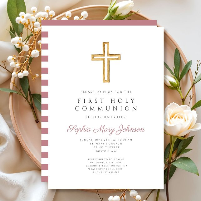 Convites Primeira Comunhão de Rapariga Rosa Moderna (Modern Pink Cross Girl First Communion Invitation)