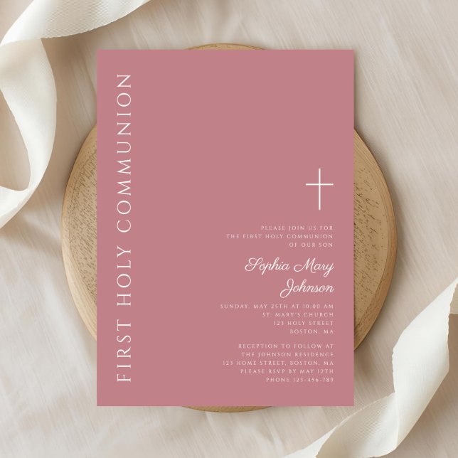 Convites Primeira Comunhão de Rapariga Rosa Moderna (Modern Pink Cross Girl First Communion Invitation)