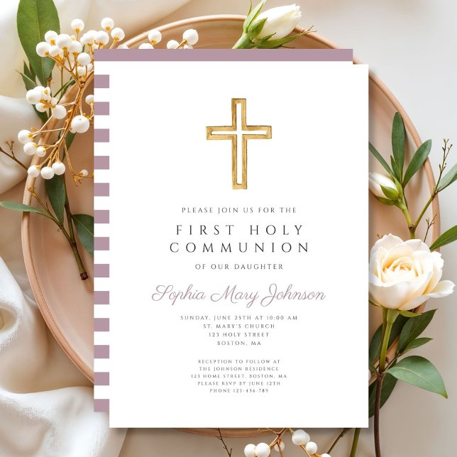 Convites Primeira Comunhão de Raparigas Roxas Modernas (Modern Purple Stripes Cross Girl First Communion Invitation)