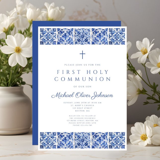 Convites Primeira Comunhão do Elegante Blue Azulejo Boy (Elegant Blue Tiles Boy First Communion Invitation)