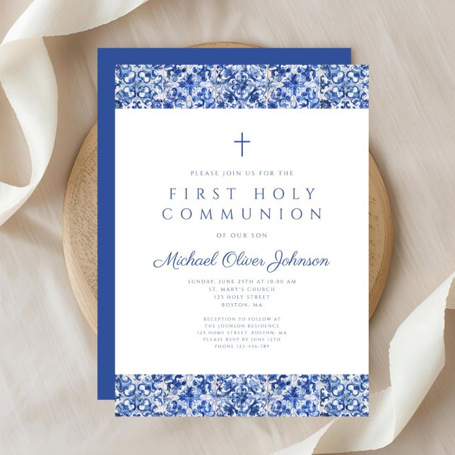 Convites Primeira Comunhão do Elegante Blue Azulejo Boy (Elegant Blue Tiles Boy First Communion Invitation)