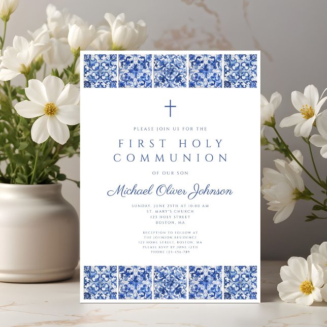 Convites Primeira Comunhão do Elegante Blue Azulejo Boy (Elegant Blue Tiles Boy First Communion Invitation)