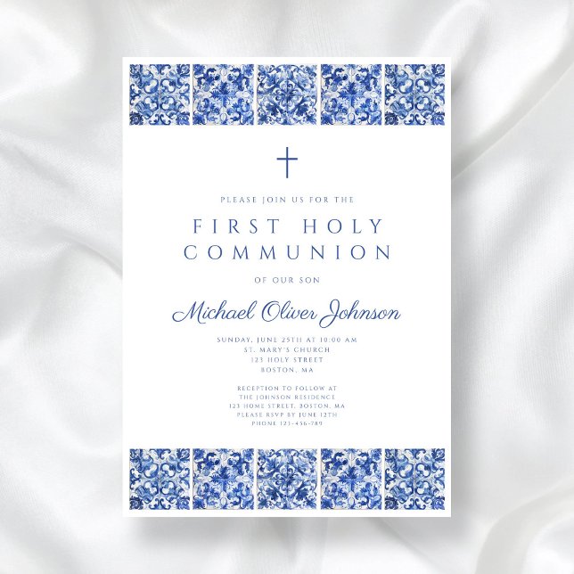 Convites Primeira Comunhão do Elegante Blue Azulejo Boy (Elegant Blue Tiles Boy First Communion Invitation)
