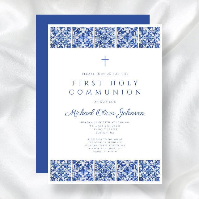 Convites Primeira Comunhão do Elegante Blue Azulejo Boy (Elegant Blue Tiles Boy First Communion Invitation)