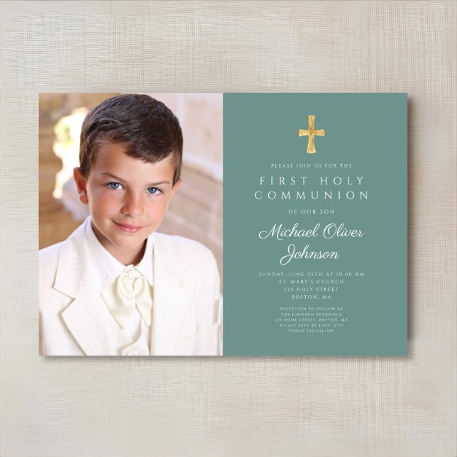Convites Primeira Comunhão do Elegante Green Photo Boy (Elegant Green Photo Boy First Communion Invitation)