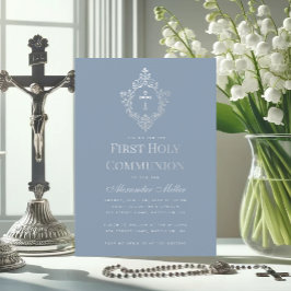 Convites Primeira Comunhão Dusty Blue Elegant Crest Cross B