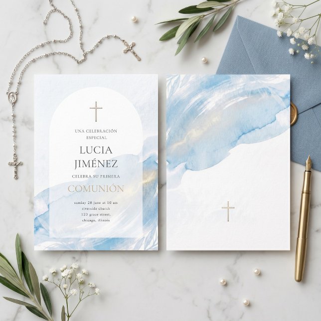 Convites Primeira Comunhão Elegante Arco de Aquarela Azul (Elegant Blue Watercolor First Communion Invitation)