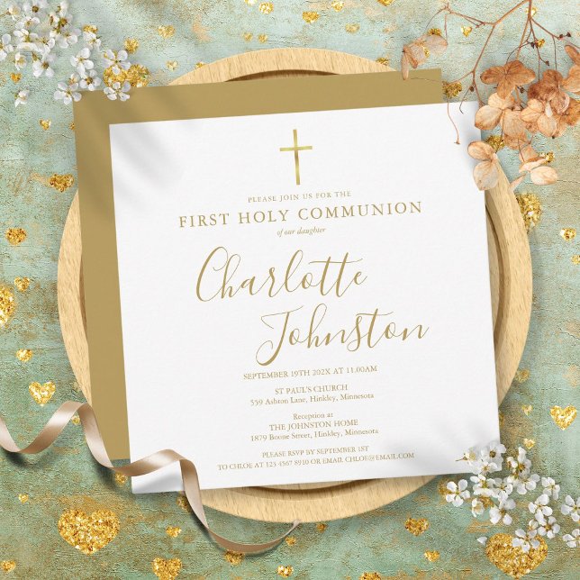 Convites Primeira Comunhão Elegante Assinatura em Ouro (First Holy Communion Elegant Gold Signature Invitation)