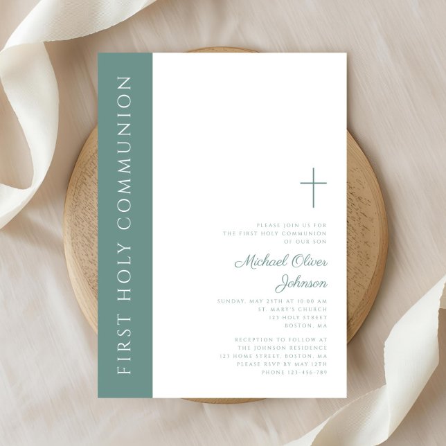 Convites Primeira Comunhão Elegante da Cruz Verde Moderna (Modern Elegant Green Cross Boy First Communion Invitation)