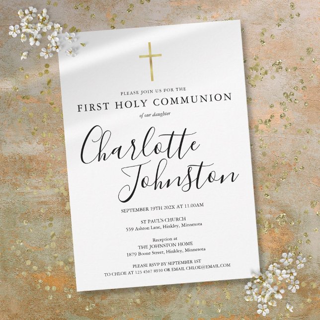 Convites Primeira Comunhão em Preto e Dourado (Black And Gold First Holy Communion Invitation)