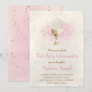 Convites primeira comunhão FAUX brilho e aquarela rosa