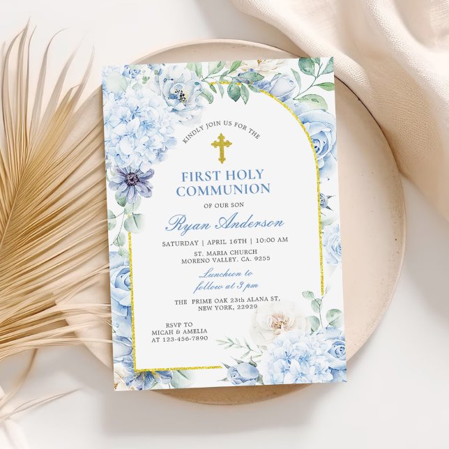 Convites Primeira Comunhão Floral Azul Desbotado (Criador carregado)