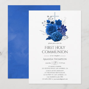 Convites Primeira Comunhão Floral Azul Real e Prata