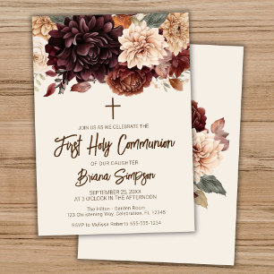 Convites Primeira Comunhão Floral Bege Marrom Marfim