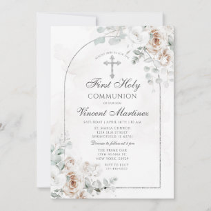 Convites Primeira Comunhão Floral Boho Branco Arco de Prata