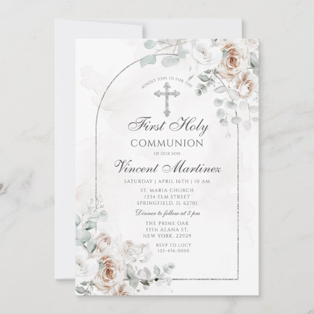 Convites Primeira Comunhão Floral Boho Branco Arco de Prata (Frente)