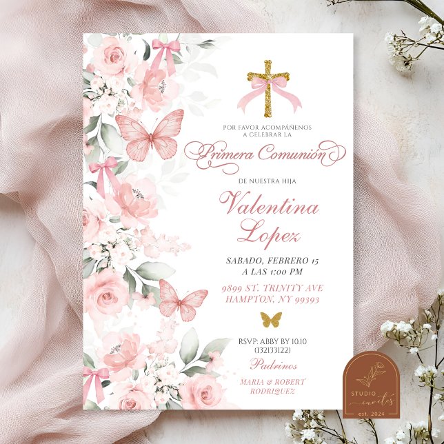 Convites Primeira Comunhão Floral Borboleta Coquete Rosa (Criador carregado)