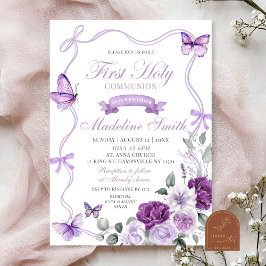 Convites Primeira Comunhão Floral Borboleta Roxo Lilás