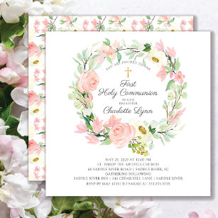 Convites Primeira Comunhão Floral Cor-de-rosa-rosa Chic e E