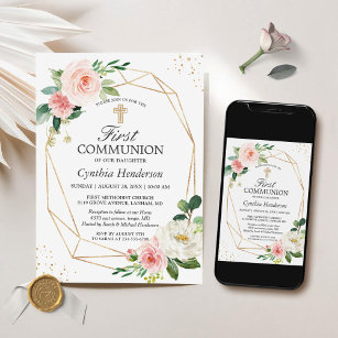 Convites Primeira Comunhão Floral Cor-de-rosa-rosa-Elegânci