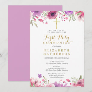 Convites Primeira Comunhão Floral Cruz Dourada