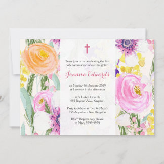Convites Primeira Comunhão Floral de Watercolor Personaliza