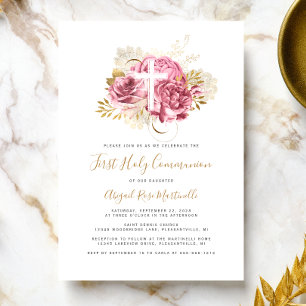Convites Primeira Comunhão Floral em Rosa Dourado Foto