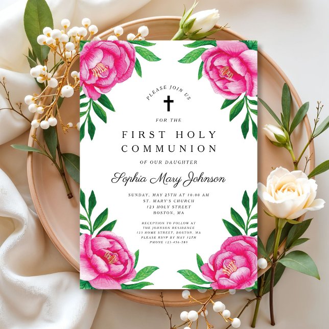 Convites Primeira Comunhão Floral Rosa Elegante (Elegant Pink Floral First Communion Invitation)
