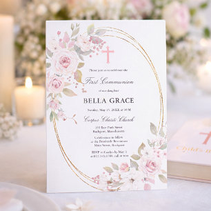 Convites Primeira Comunhão Floral Rosa Rústico