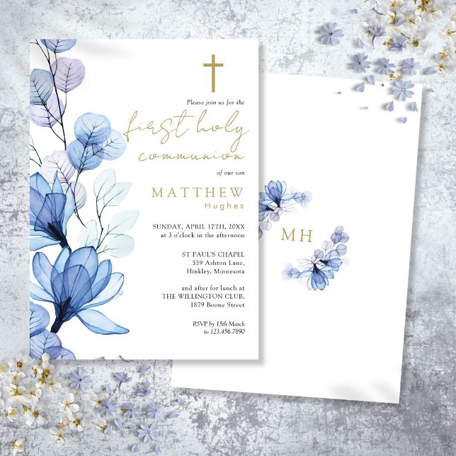 Convites Primeira Comunhão Floral Transparente Azul Poeira (Dusty Blue Transparent Floral First Holy Communion Invitation)